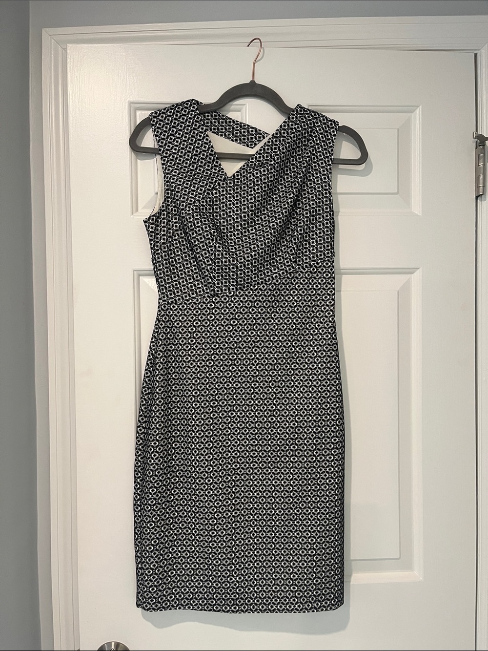 Reiss Black and White Patterned Cross-Back Midi Dress